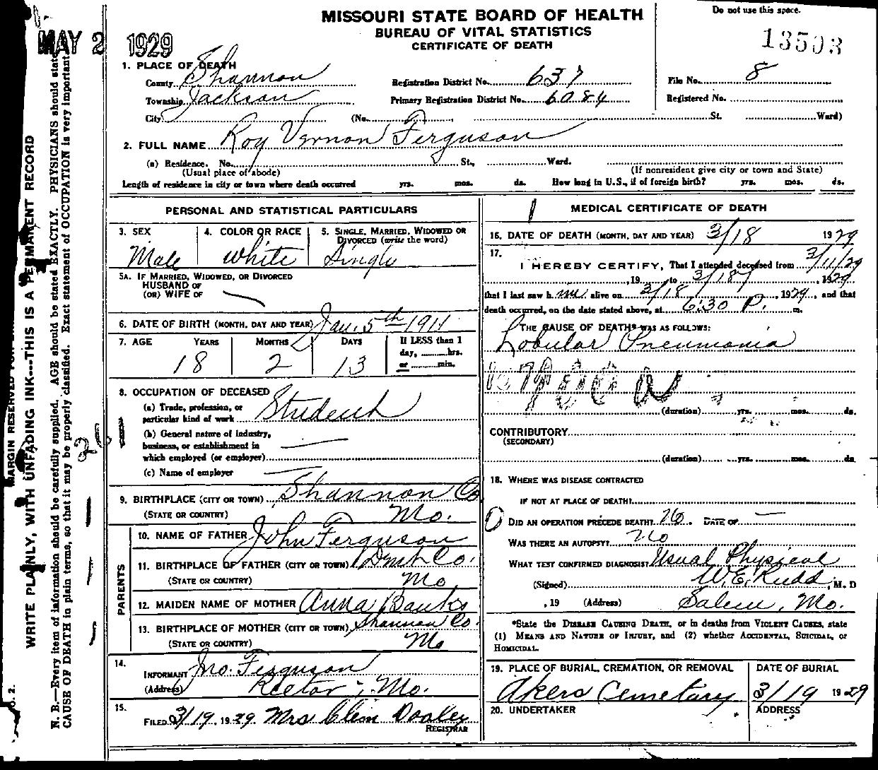 1929 Death Certificates Index