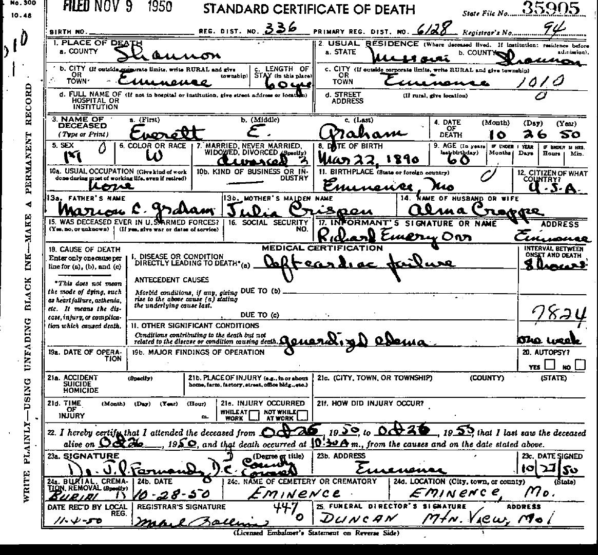 1950 Shannon County Death Certif