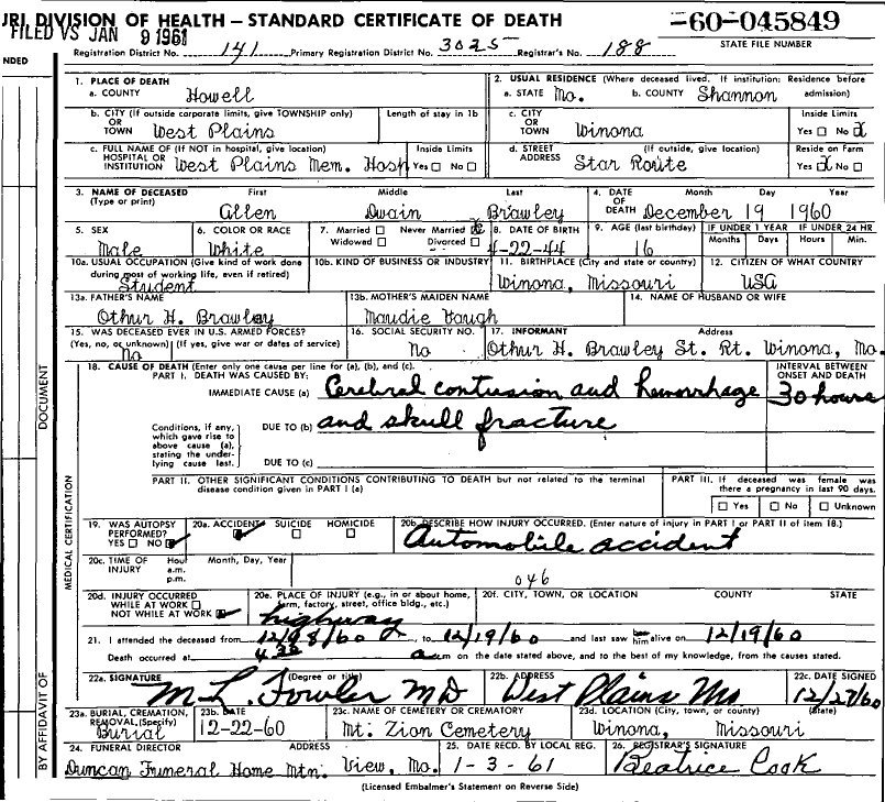 1960 Death Certificates Index