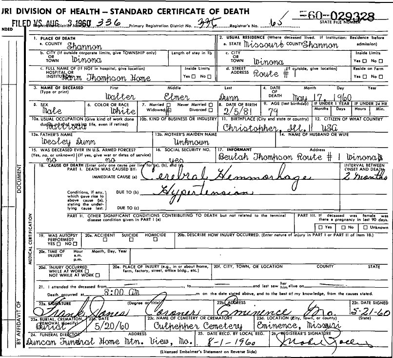 1960 Death Certificates Index